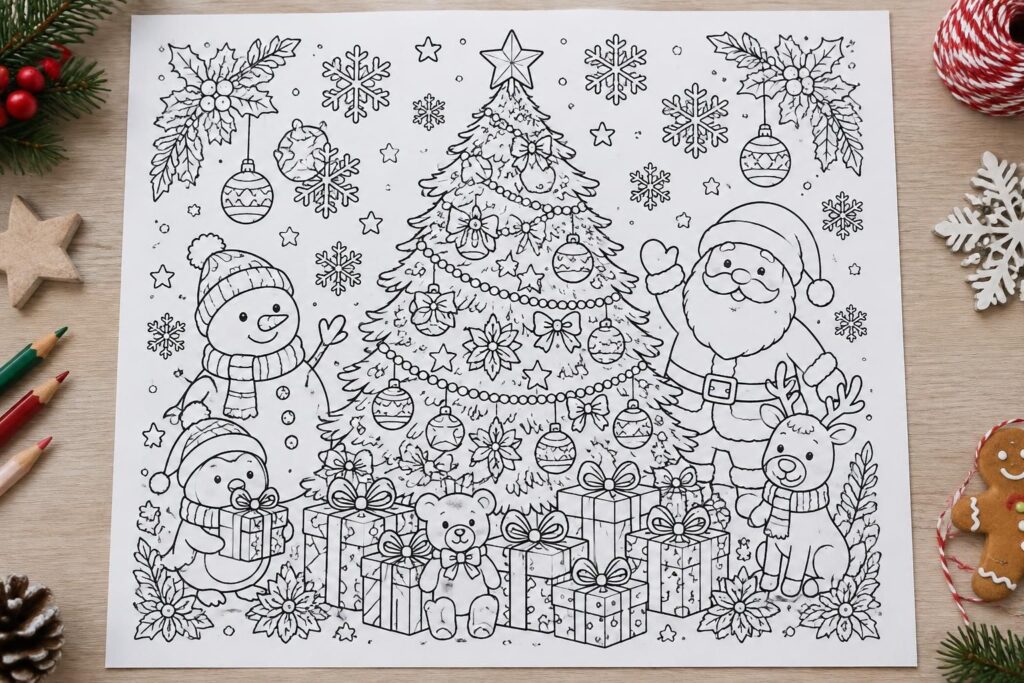 découvrez des coloriages de noël gratuits à imprimer pour enfants et adultes : sapins, lutins et scènes festives à colorier en famille.
